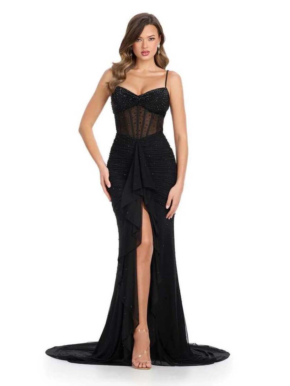 $800 ASHLEYlauren Bustier Corset Prom Gown 11930 Black Train sz 0 Formal Gala